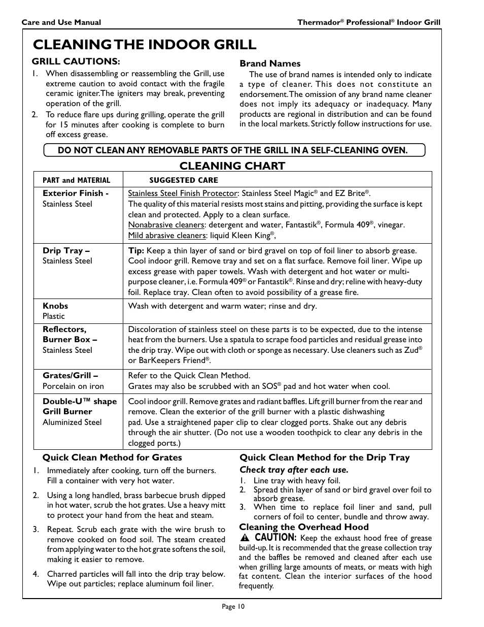 Cleaning the indoor grill, Cleaning chart, Caution | Thermador PB30ZS User Manual | Page 12 / 16