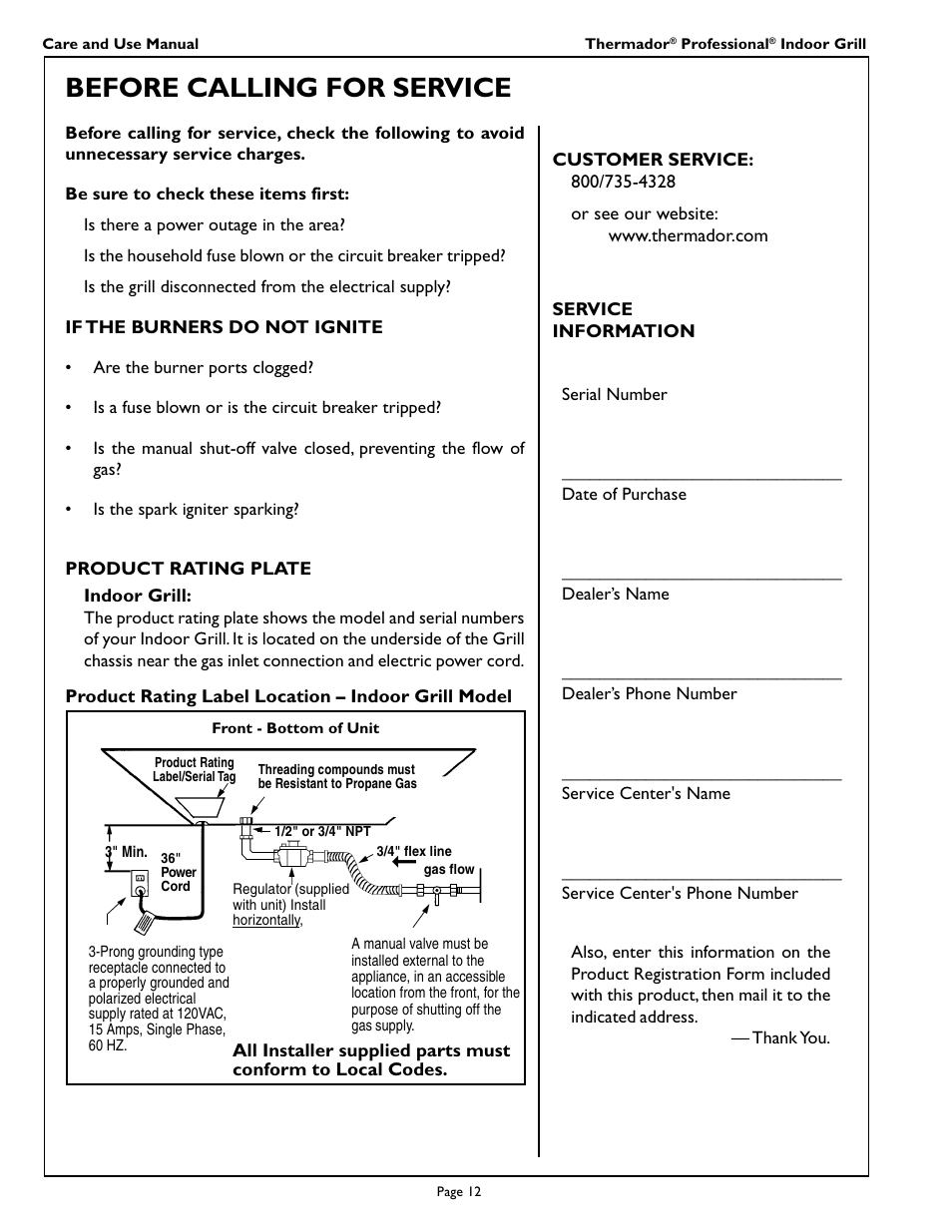 Before calling for service | Thermador PB30ZS User Manual | Page 14 / 16