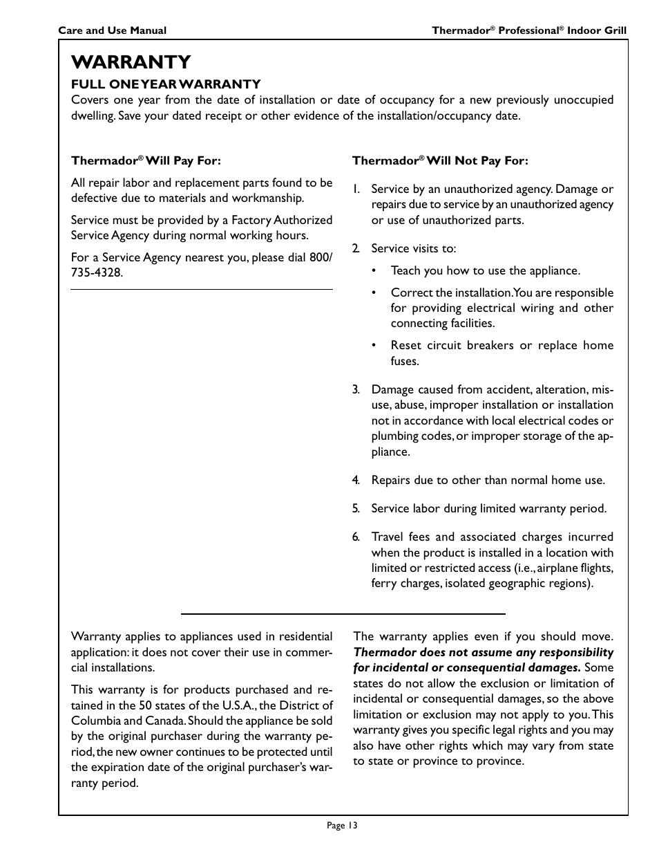 Warranty | Thermador PB30ZS User Manual | Page 15 / 16