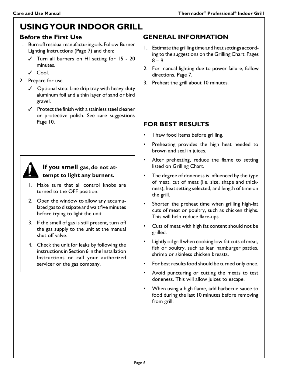 Using your indoor grill, If you smell, For best results | Before the first use, General information | Thermador PB30ZS User Manual | Page 8 / 16