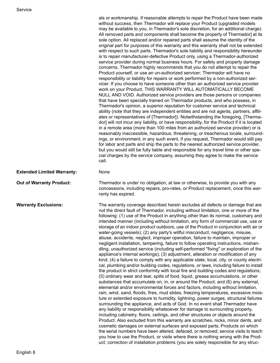 Extended limited warranty, Out of warranty product, Warranty exclusions | Thermador VCI2 User Manual | Page 10 / 36