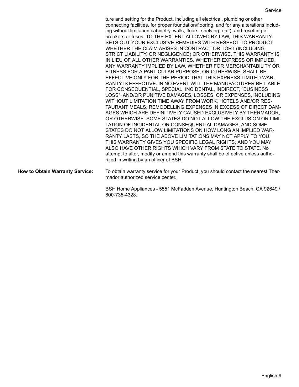 How to obtain warranty service | Thermador VCI2 User Manual | Page 11 / 36