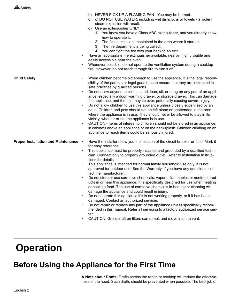 Child safety, Proper installation and maintenance, Operation | Before using the appliance for the first time | Thermador VCI2 User Manual | Page 4 / 36