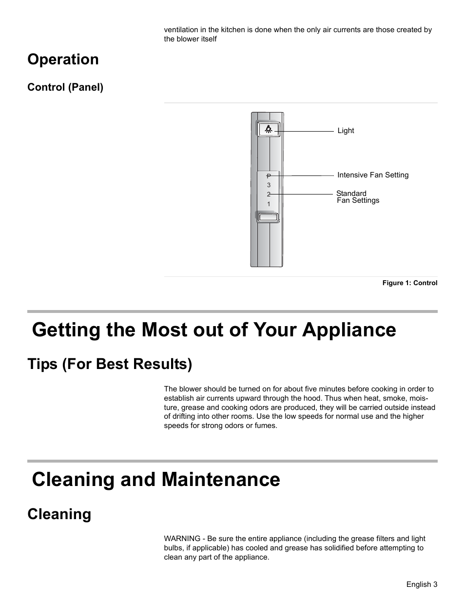 Operation, Control (panel), Figure 1: control | Getting the most out of your appliance, Tips (for best results), Cleaning and maintenance, Cleaning | Thermador VCI2 User Manual | Page 5 / 36