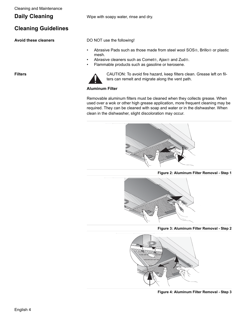 Daily cleaning, Cleaning guidelines, Avoid these cleaners | Filters, Figure 2: aluminum filter removal - step 1, Figure 3: aluminum filter removal - step 2, Figure 4: aluminum filter removal - step 3 | Thermador VCI2 User Manual | Page 6 / 36