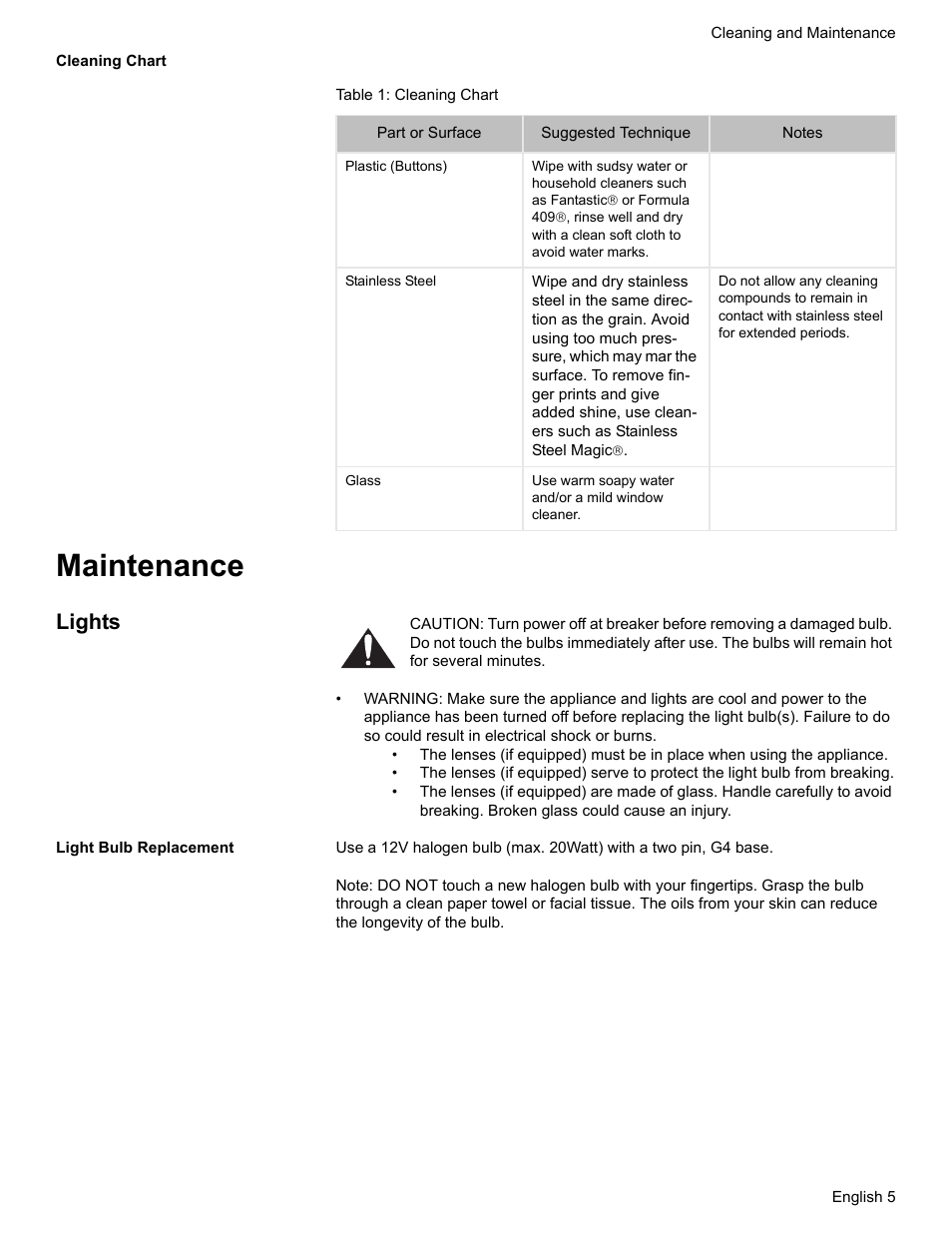 Cleaning chart, Table 1: cleaning chart, Maintenance | Lights | Thermador VCI2 User Manual | Page 7 / 36