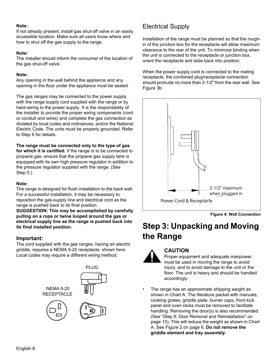 Step 3: unpacking and moving the range, Electrical supply | Thermador PRG30 User Manual | Page 10 / 64