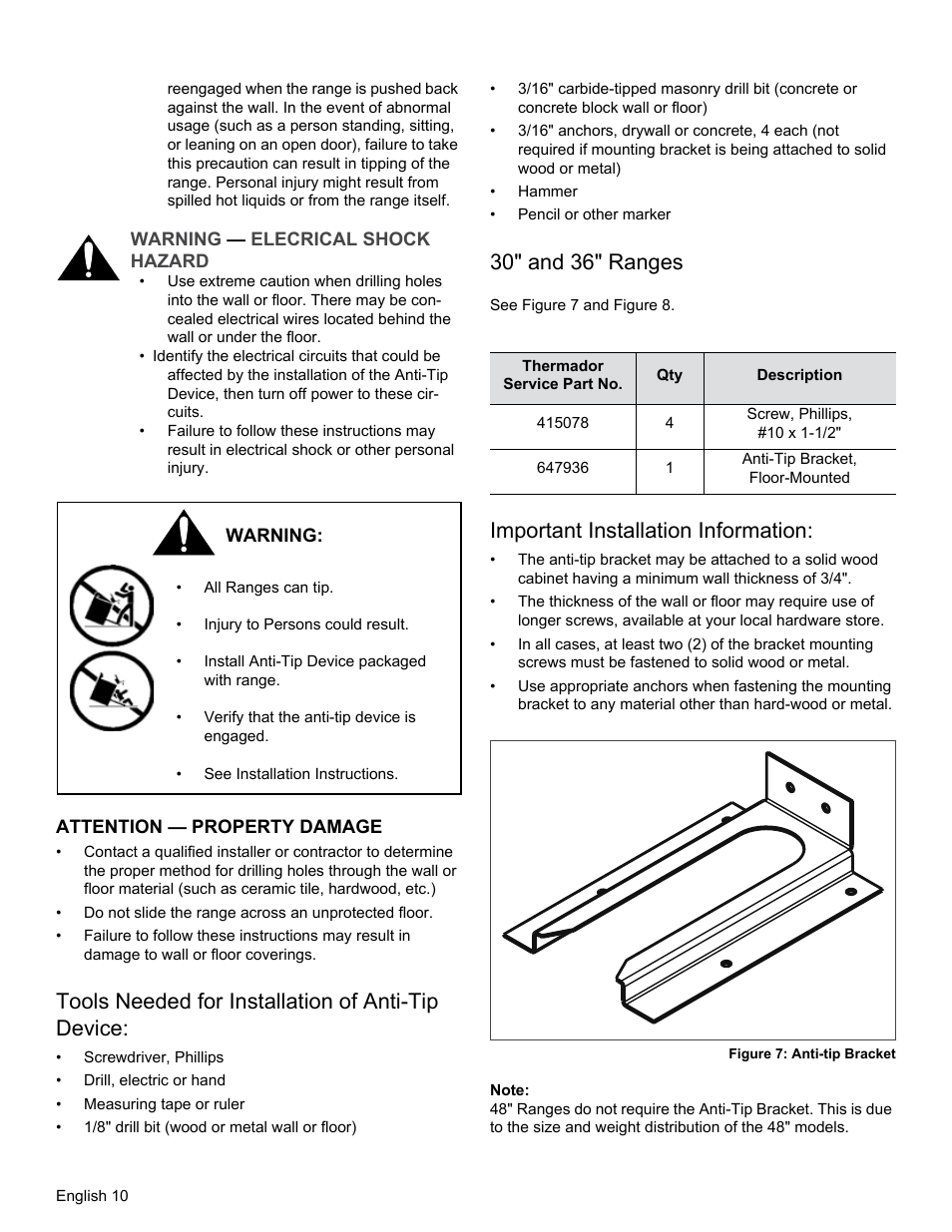 Tools needed for installation of anti-tip device, 30" and 36" ranges, Important installation information | Thermador PRG30 User Manual | Page 12 / 64