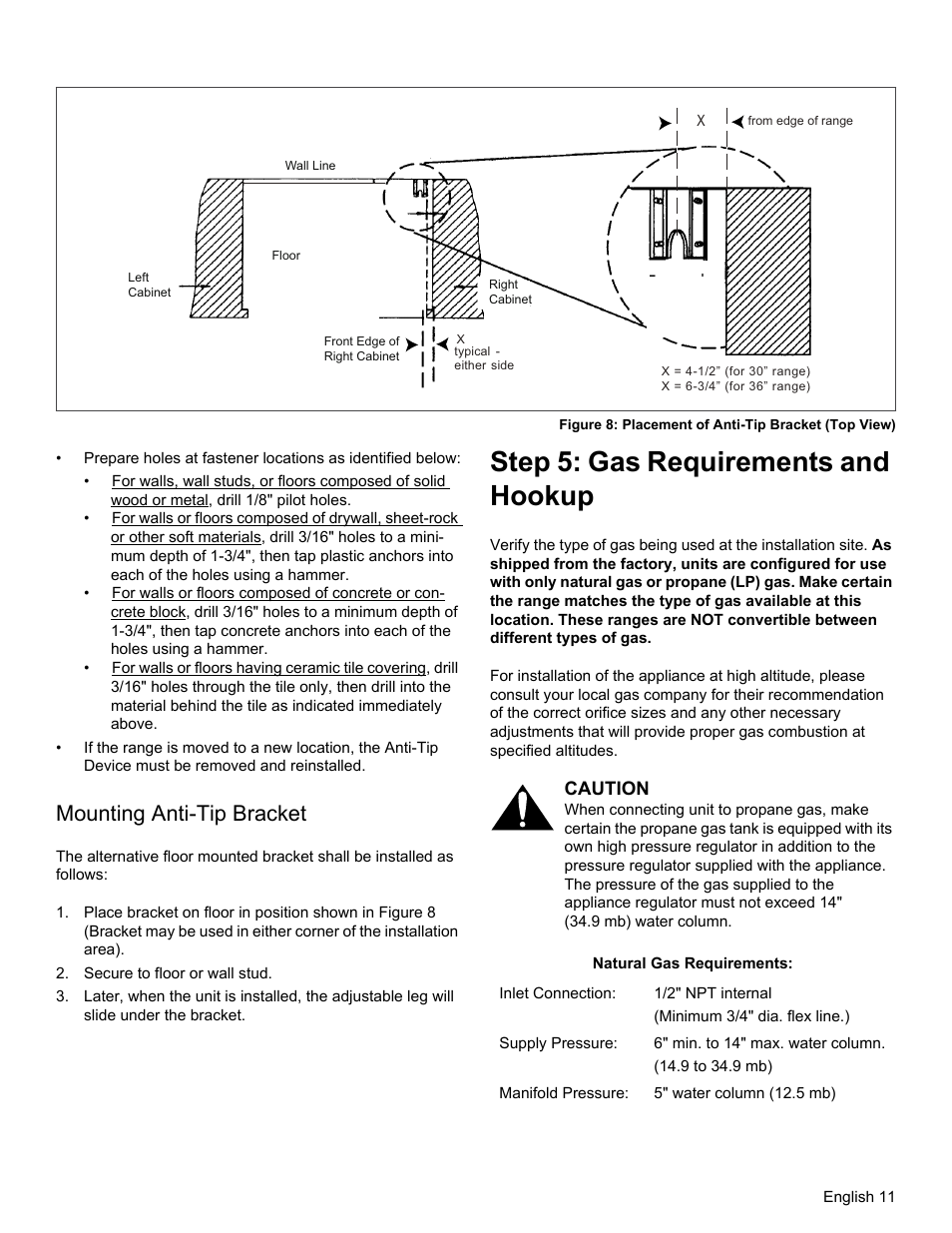 Step 5: gas requirements and hookup, Mounting anti-tip bracket | Thermador PRG30 User Manual | Page 13 / 64