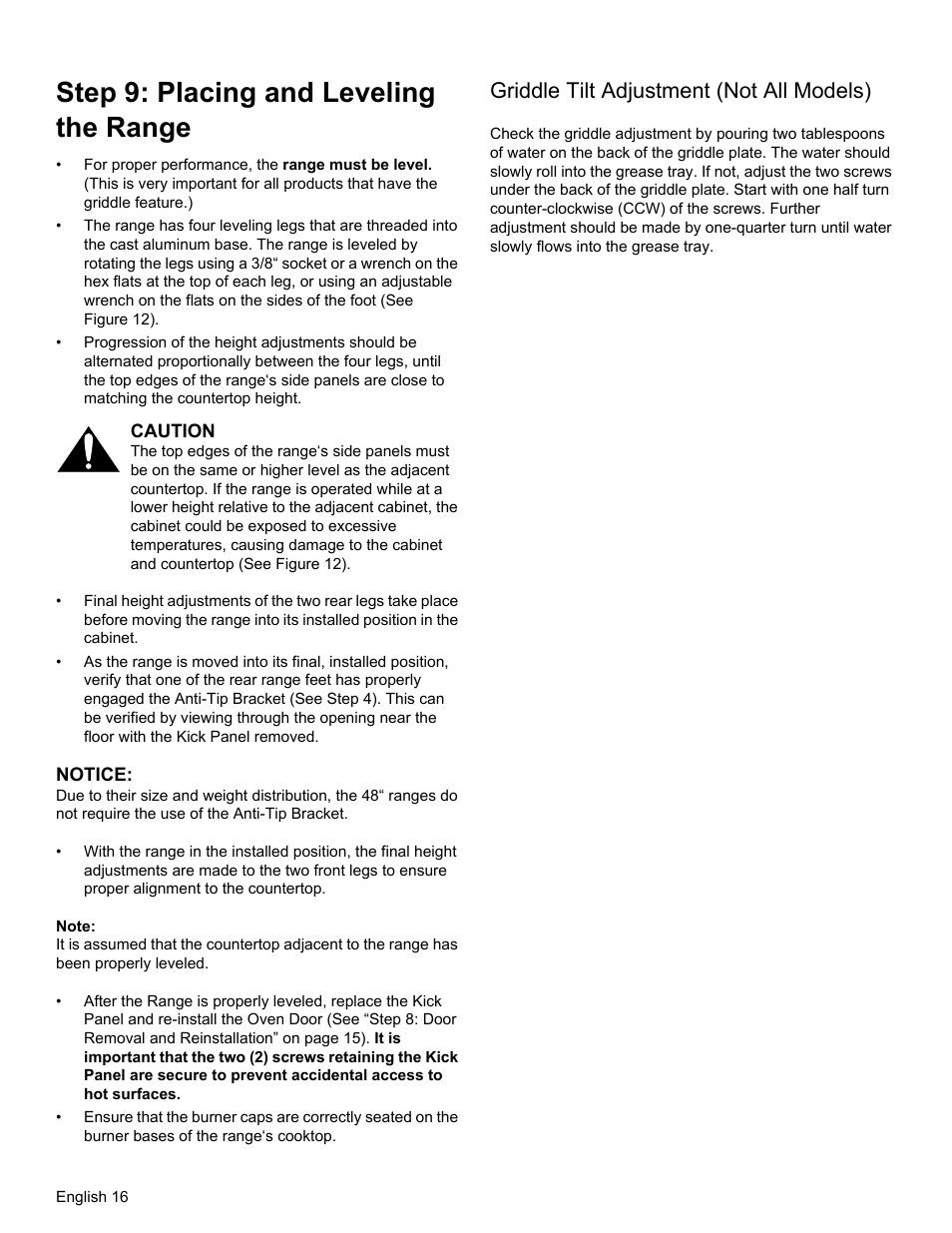 Step 9: placing and leveling the range, Griddle tilt adjustment (not all models) | Thermador PRG30 User Manual | Page 18 / 64