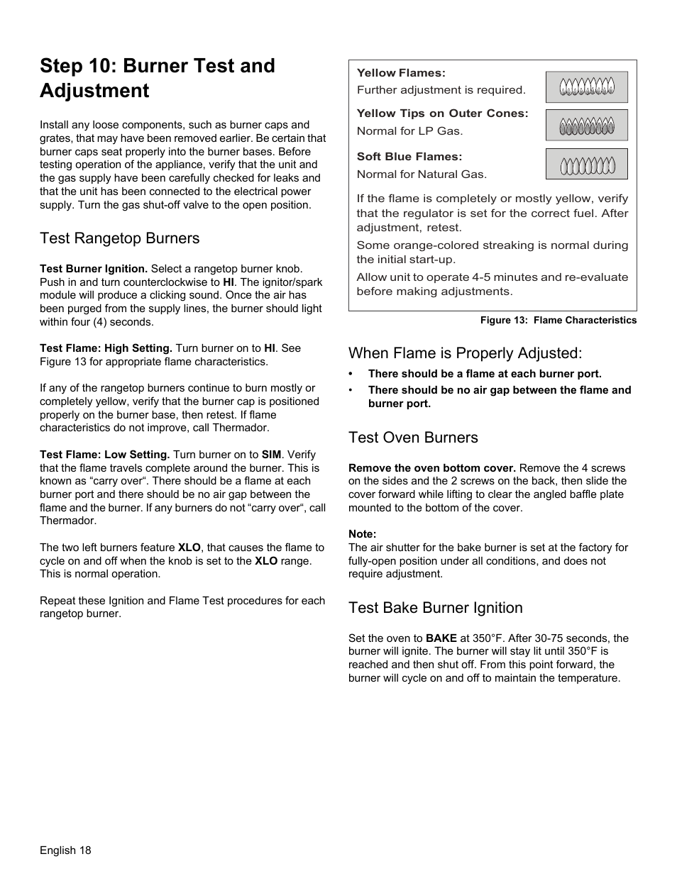 Step 10: burner test and adjustment, Test rangetop burners, When flame is properly adjusted | Test oven burners, Test bake burner ignition | Thermador PRG30 User Manual | Page 20 / 64