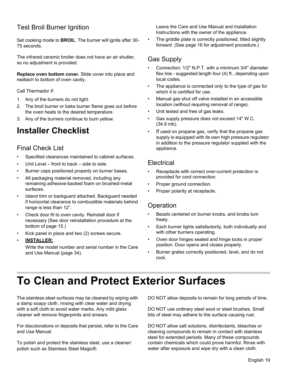 Installer checklist, Test broil burner ignition, Final check list | Gas supply, Electrical, Operation | Thermador PRG30 User Manual | Page 21 / 64