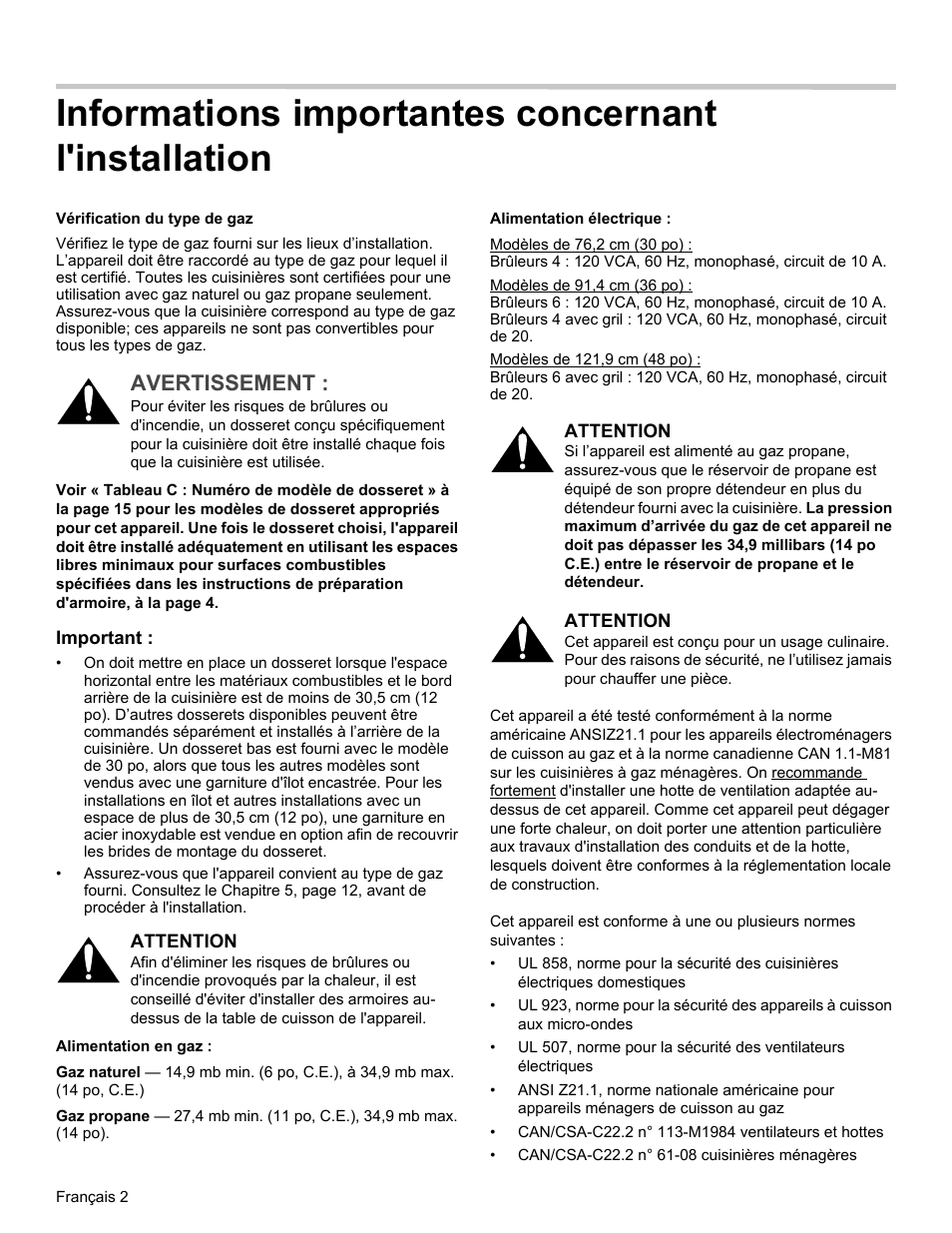 Informations importantes concernant l'installation, Avertissement | Thermador PRG30 User Manual | Page 24 / 64