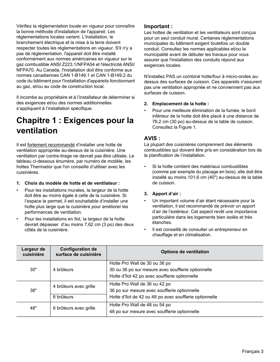 Chapitre 1 : exigences pour la ventilation | Thermador PRG30 User Manual | Page 25 / 64