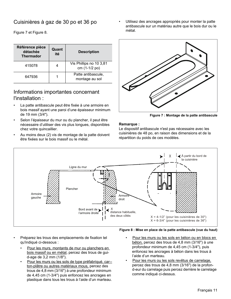 Cuisinières à gaz de 30 po et 36 po, Informations importantes concernant l'installation | Thermador PRG30 User Manual | Page 33 / 64