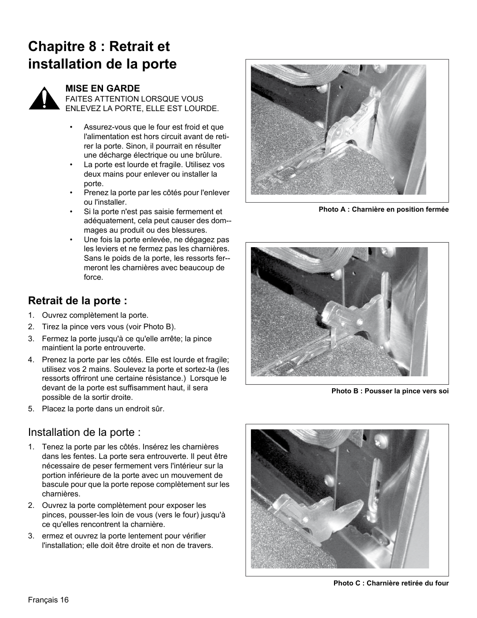 Chapitre 8 : retrait et installation de la porte, Retrait de la porte, Installation de la porte | Thermador PRG30 User Manual | Page 38 / 64