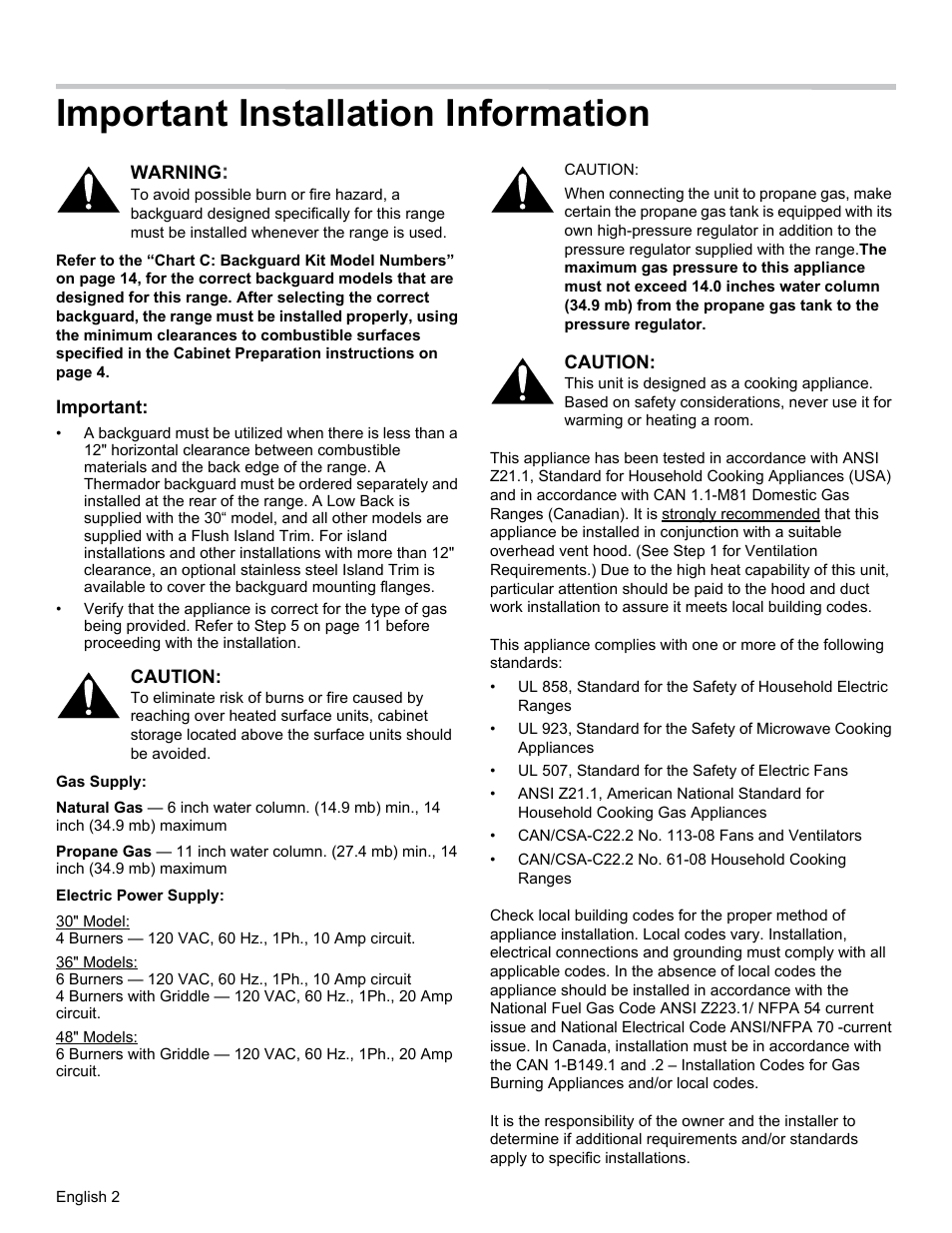 Important installation information | Thermador PRG30 User Manual | Page 4 / 64