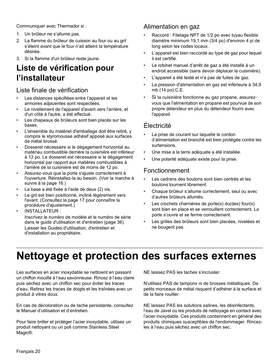 Nettoyage et protection des surfaces externes, Liste de vérification pour l’installateur, Liste finale de vérification | Alimentation en gaz, Électricité, Fonctionnement | Thermador PRG30 User Manual | Page 42 / 64