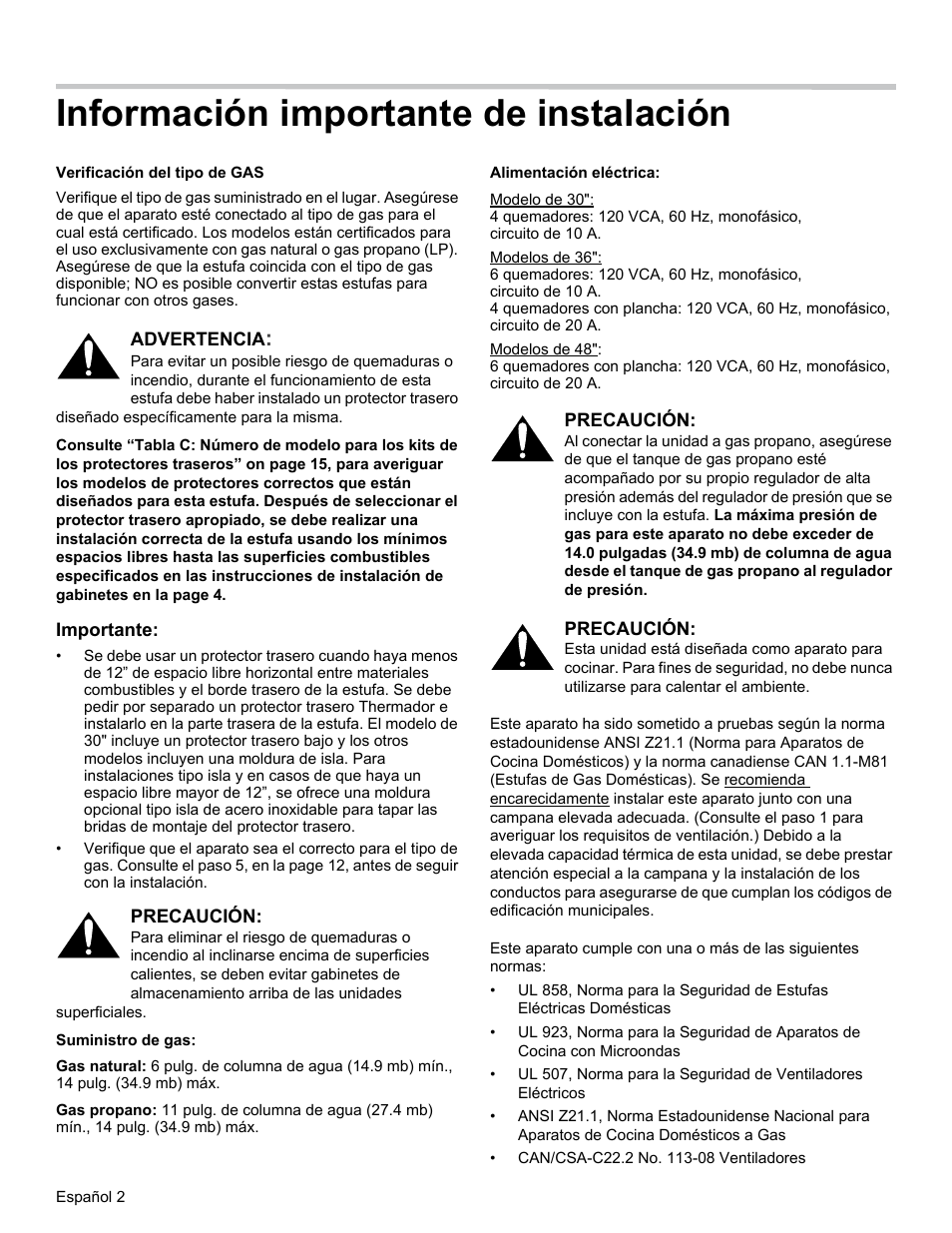 Información importante de instalación | Thermador PRG30 User Manual | Page 45 / 64