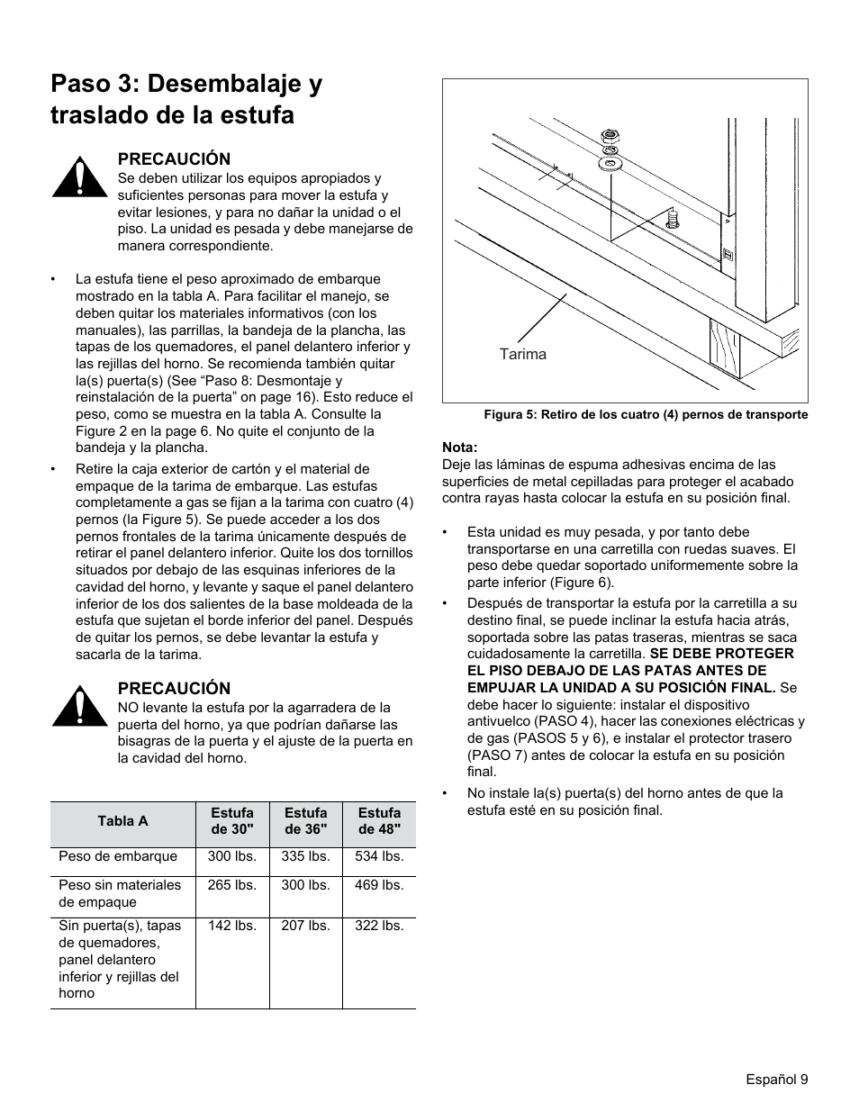 Paso 3: desembalaje y traslado de la estufa | Thermador PRG30 User Manual | Page 52 / 64