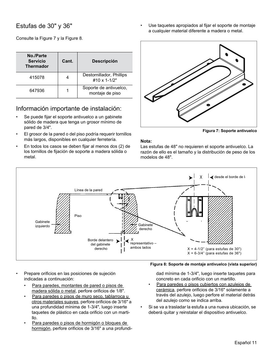 Estufas de 30" y 36, Información importante de instalación | Thermador PRG30 User Manual | Page 54 / 64