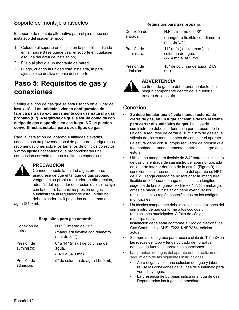 Paso 5: requisitos de gas y conexiones, Soporte de montaje antivuelco, Conexión | Thermador PRG30 User Manual | Page 55 / 64