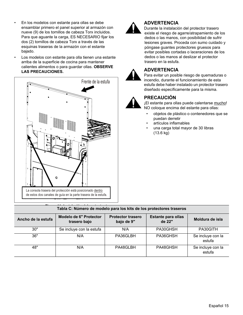 Frente de la estufa | Thermador PRG30 User Manual | Page 58 / 64