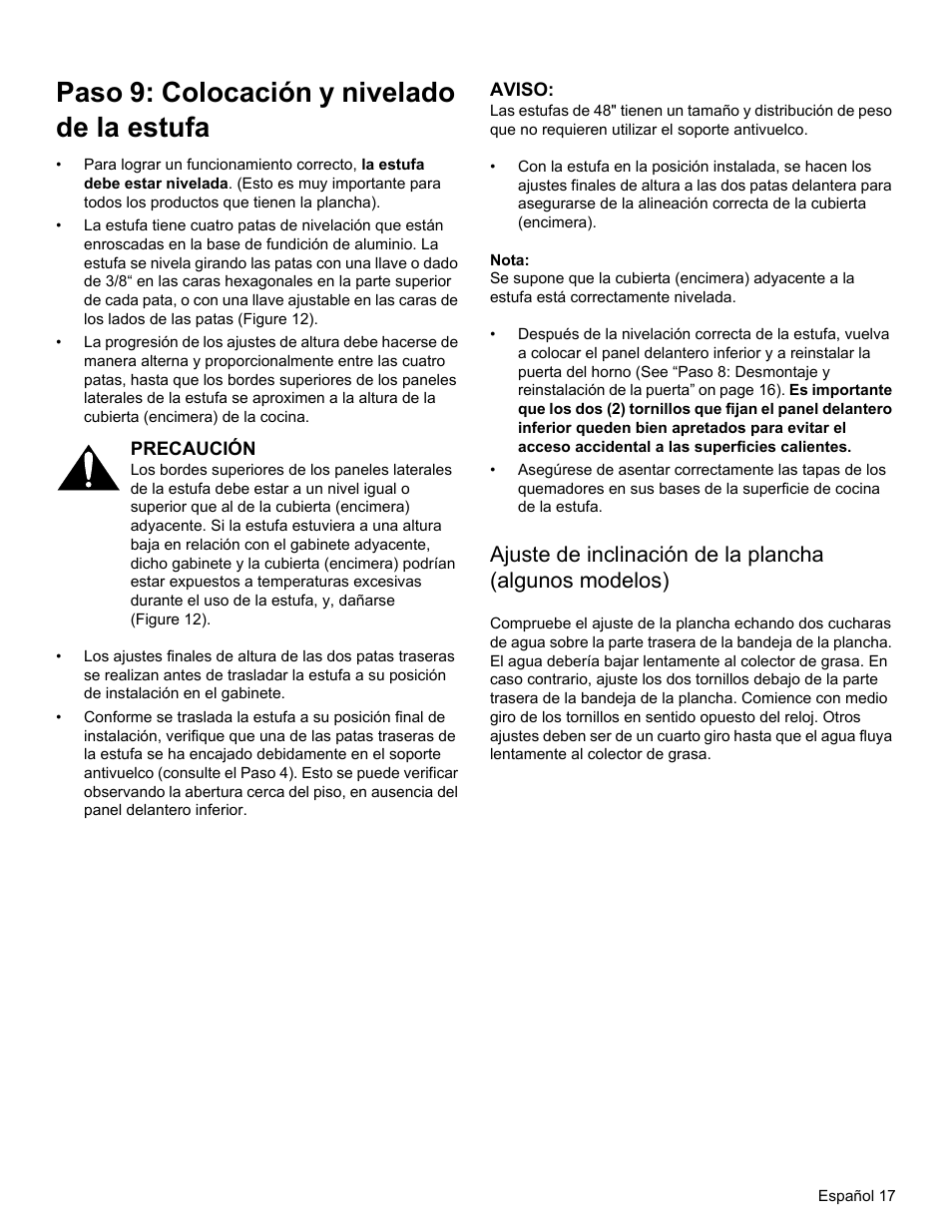 Paso 9: colocación y nivelado de la estufa | Thermador PRG30 User Manual | Page 60 / 64