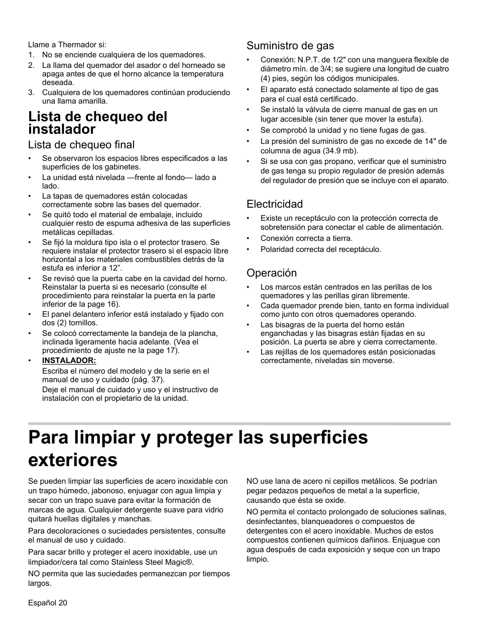 Para limpiar y proteger las superficies exteriores, Lista de chequeo del instalador, Lista de chequeo final | Suministro de gas, Electricidad, Operación | Thermador PRG30 User Manual | Page 63 / 64