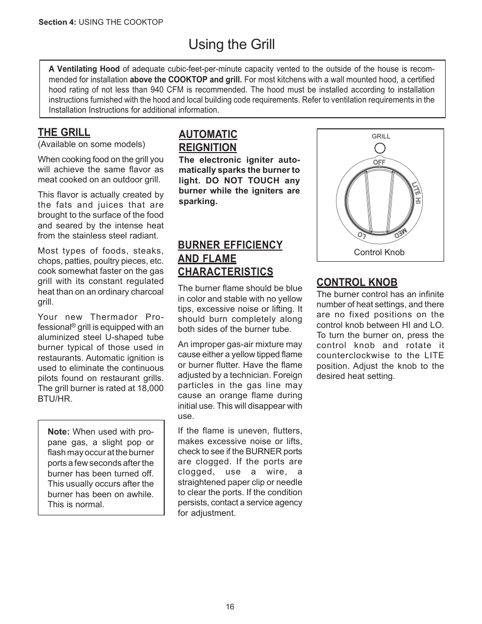 Using the grill, The grill, Automatic reignition | Control knob, Burner efficiency and flame characteristics | Thermador PC304 User Manual | Page 18 / 104