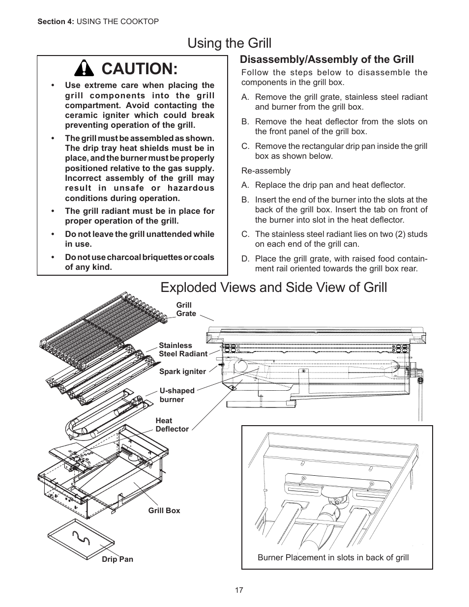 Caution, Disassembly/assembly of the grill | Thermador PC304 User Manual | Page 19 / 104