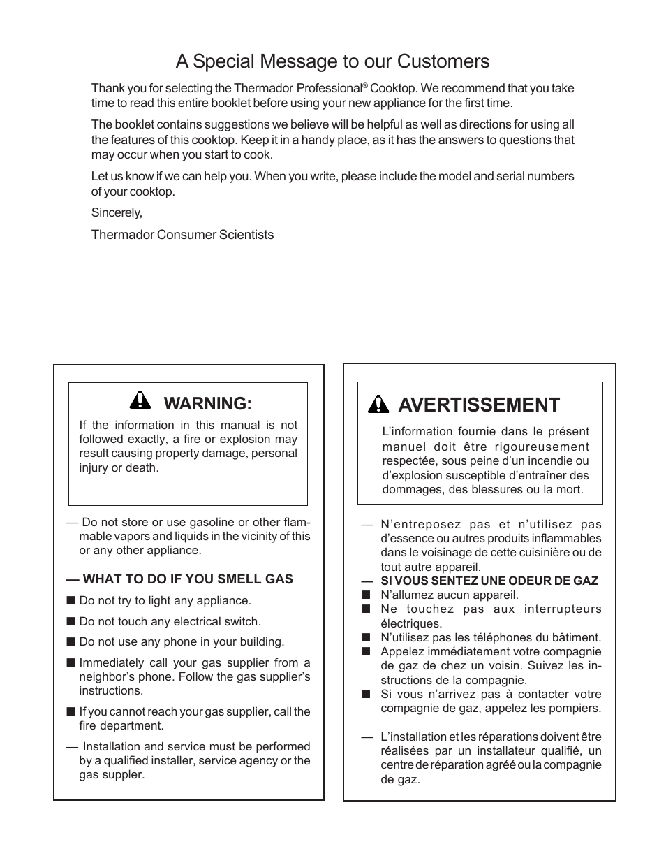 A special message to our customers, Avertissement, Warning | Thermador PC304 User Manual | Page 2 / 104