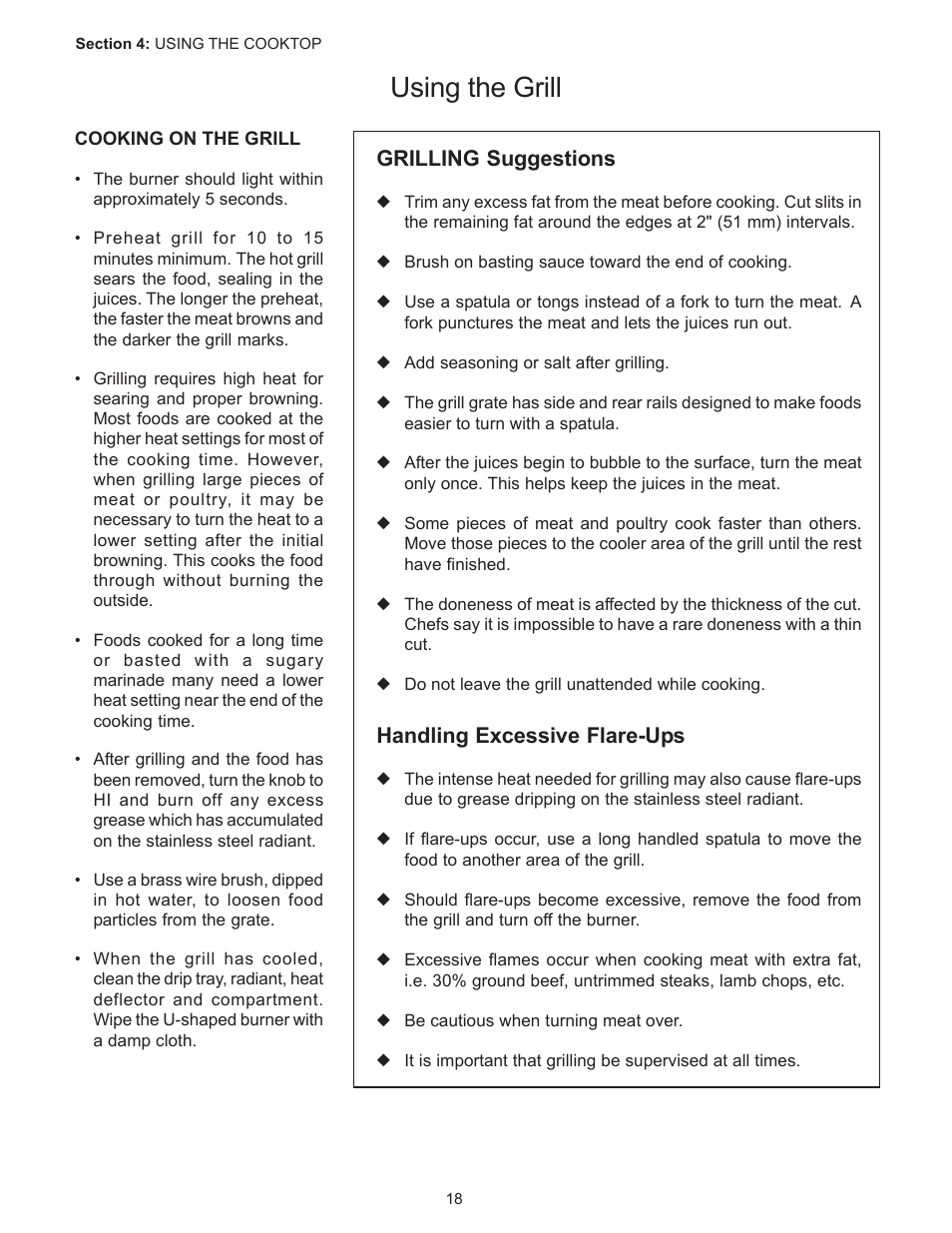 Using the grill, Grilling suggestions, Handling excessive flare-ups | Thermador PC304 User Manual | Page 20 / 104