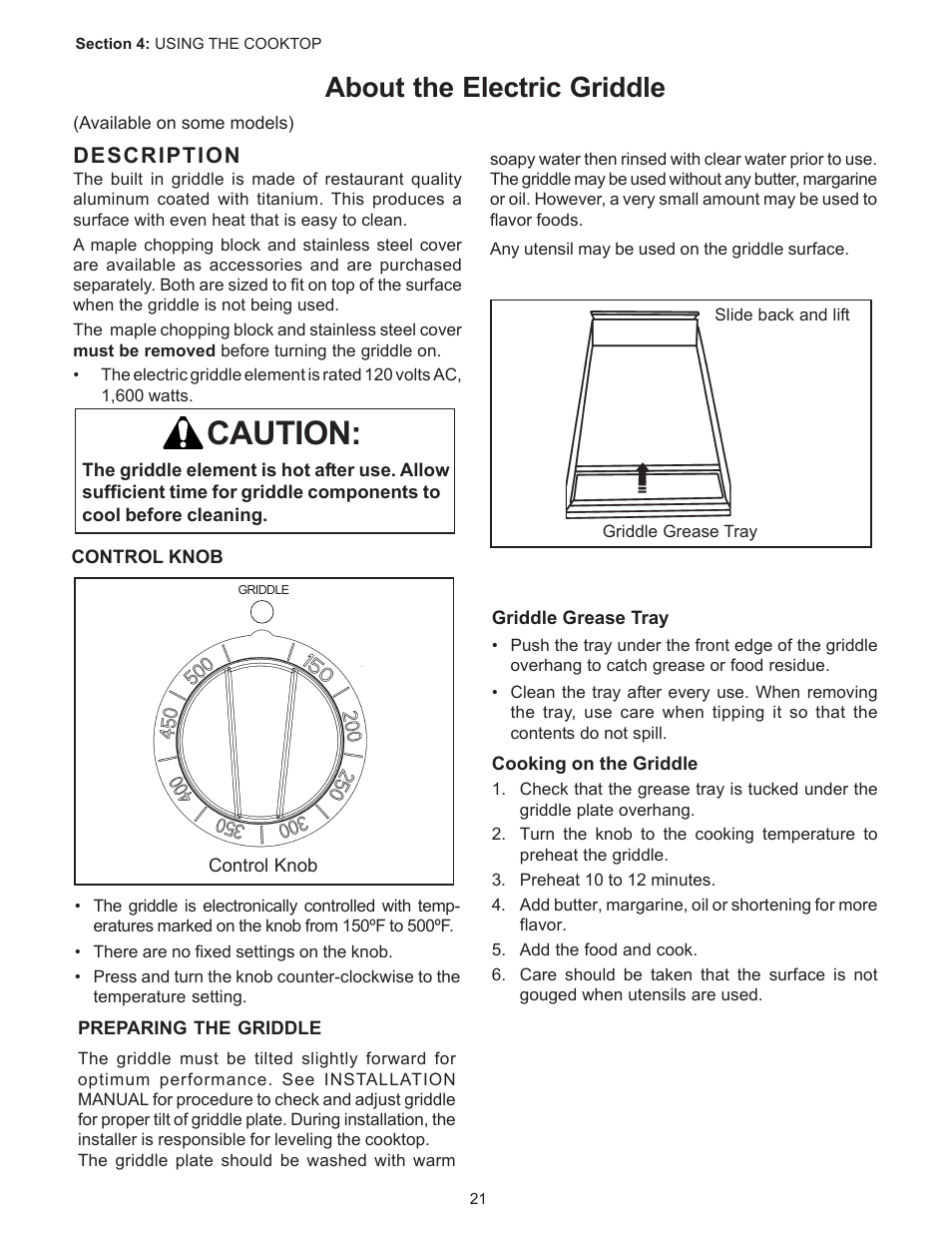 Caution, About the electric griddle | Thermador PC304 User Manual | Page 23 / 104