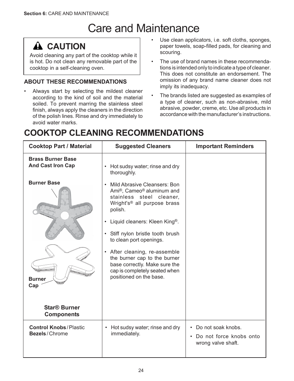Care and maintenance, Caution, Cooktop cleaning recommendations | Thermador PC304 User Manual | Page 26 / 104