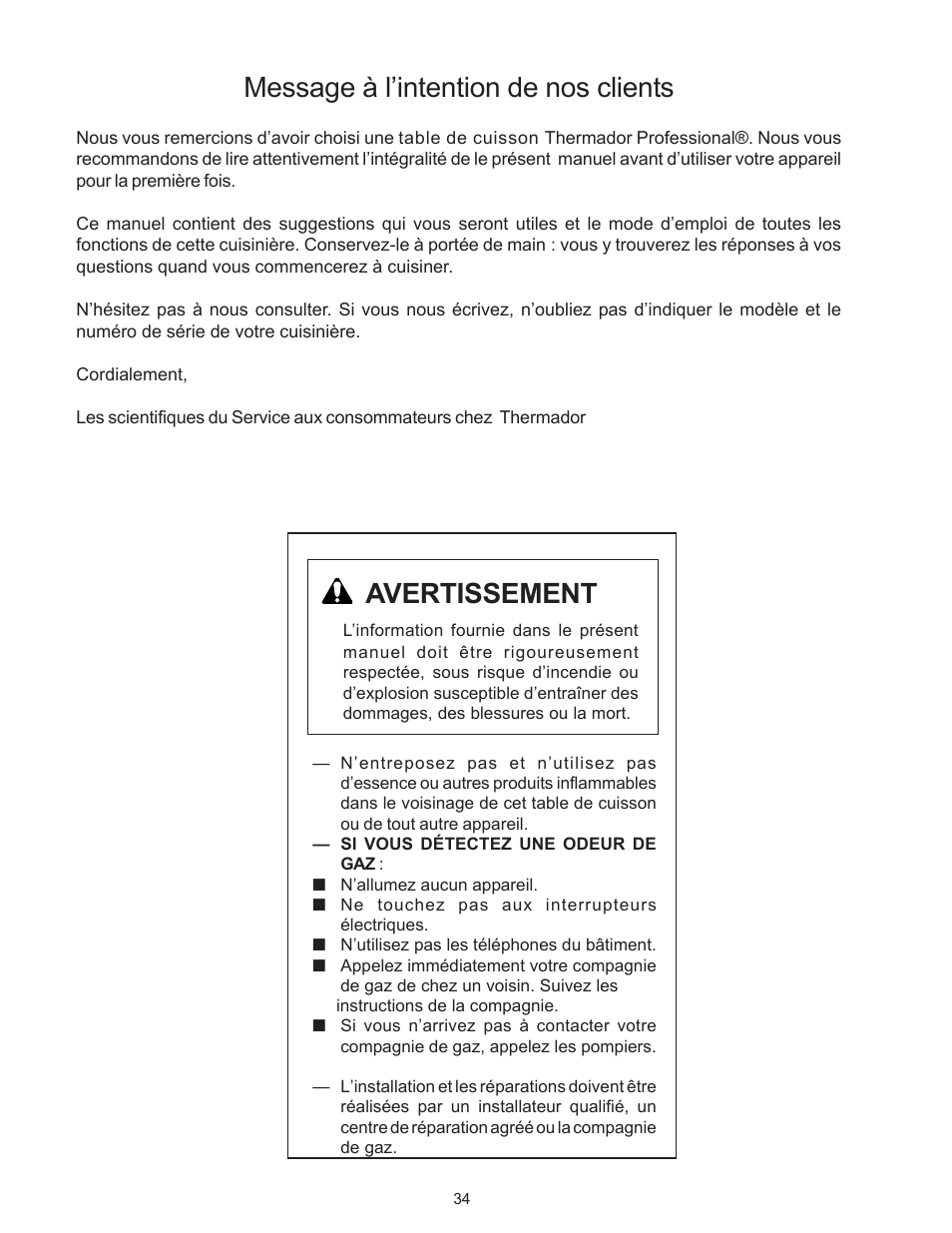 Message à l’intention de nos clients, Avertissement | Thermador PC304 User Manual | Page 36 / 104