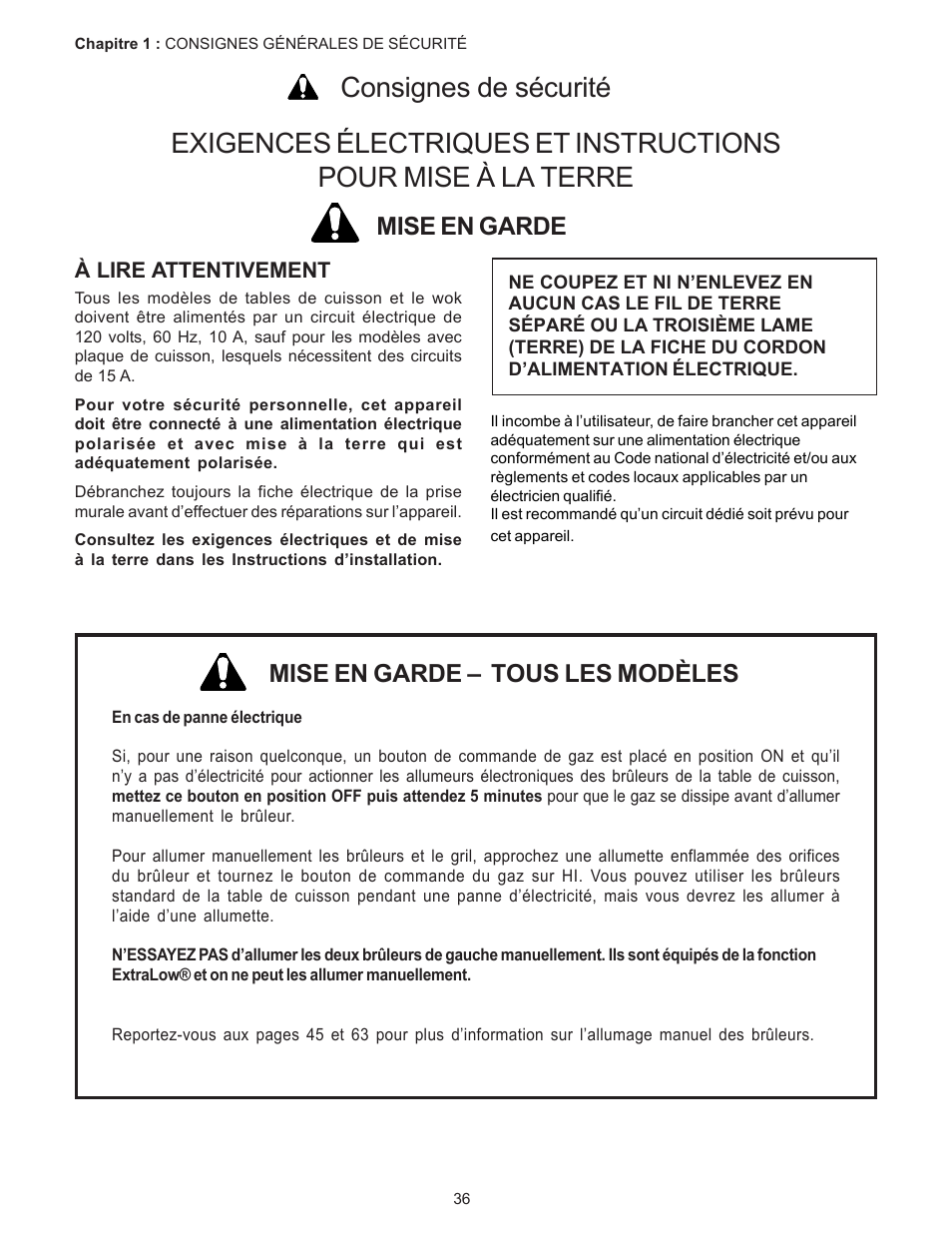 Consignes de sécurité, Mise en garde – tous les modèles, Mise en garde | Thermador PC304 User Manual | Page 38 / 104