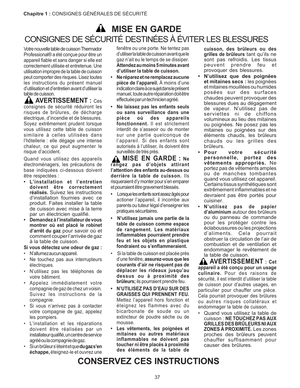 Mise en garde, Conservez ces instructions, Avertissement | Thermador PC304 User Manual | Page 39 / 104