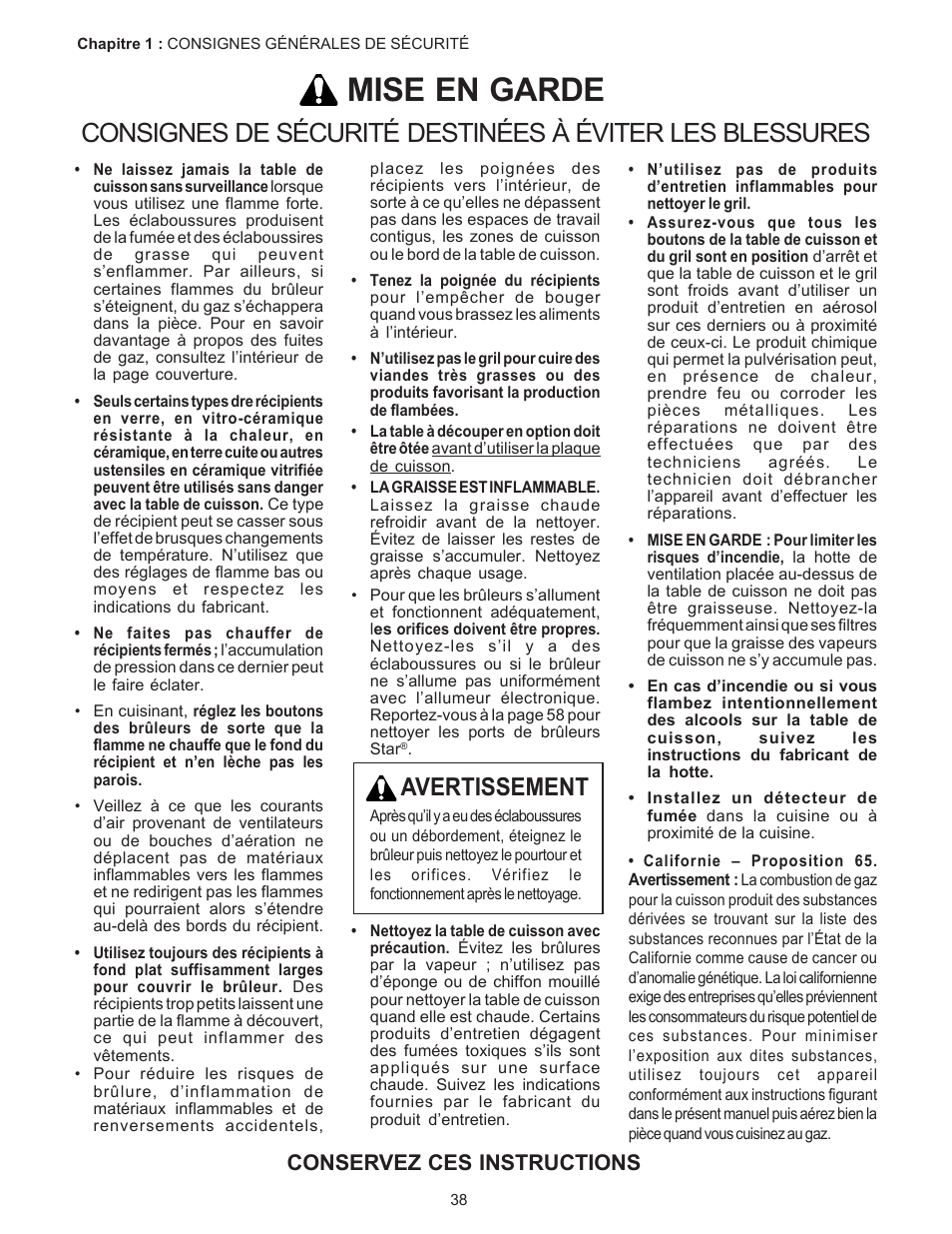 Mise en garde, Avertissement, Conservez ces instructions | Thermador PC304 User Manual | Page 40 / 104