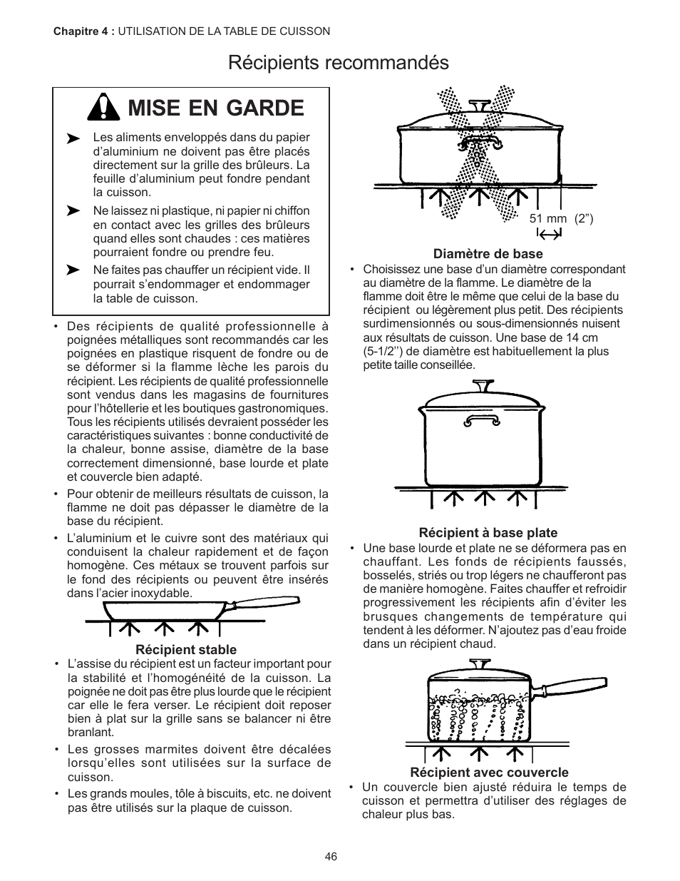 Mise en garde, Récipients recommandés | Thermador PC304 User Manual | Page 48 / 104