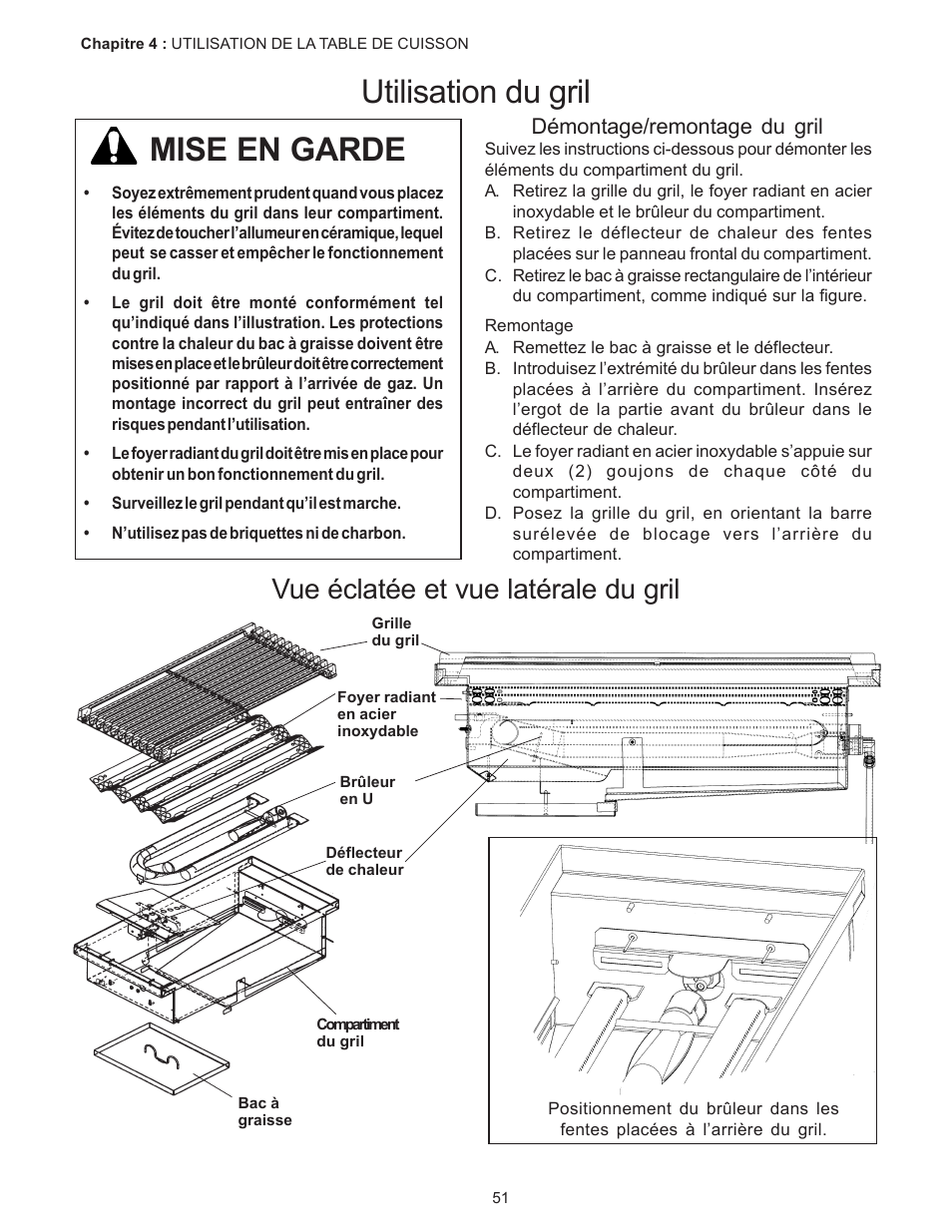 Mise en garde, Utilisation du gril, Vue éclatée et vue latérale du gril | Démontage/remontage du gril | Thermador PC304 User Manual | Page 53 / 104