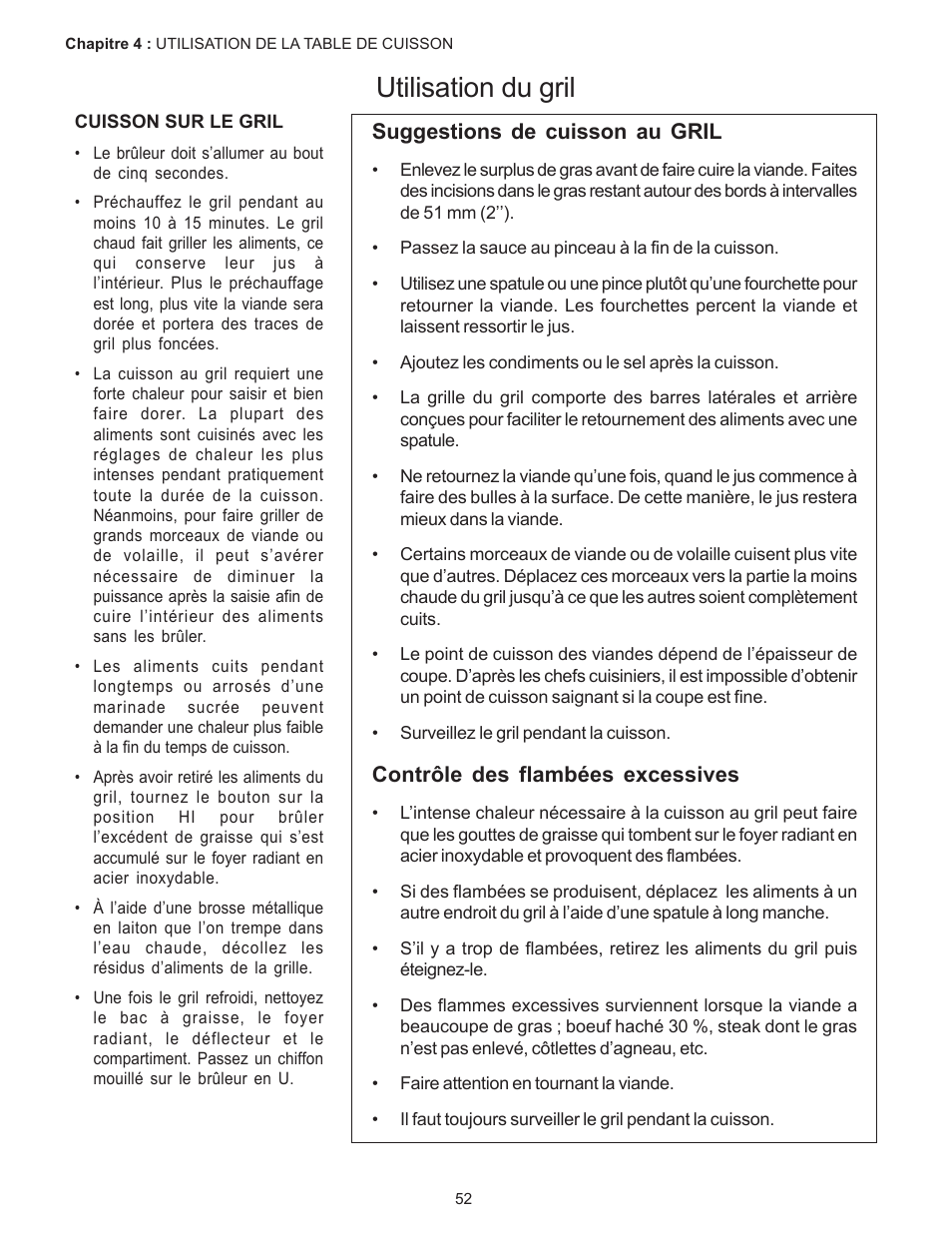 Utilisation du gril, Suggestions de cuisson au gril, Contrôle des flambées excessives | Thermador PC304 User Manual | Page 54 / 104