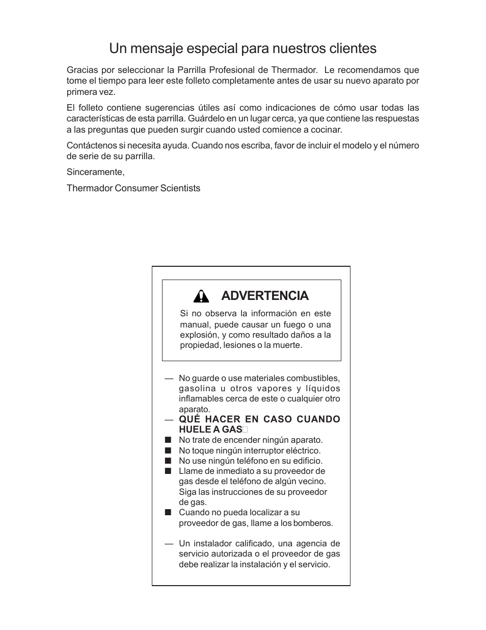 Un mensaje especial para nuestros clientes, Advertencia | Thermador PC304 User Manual | Page 70 / 104