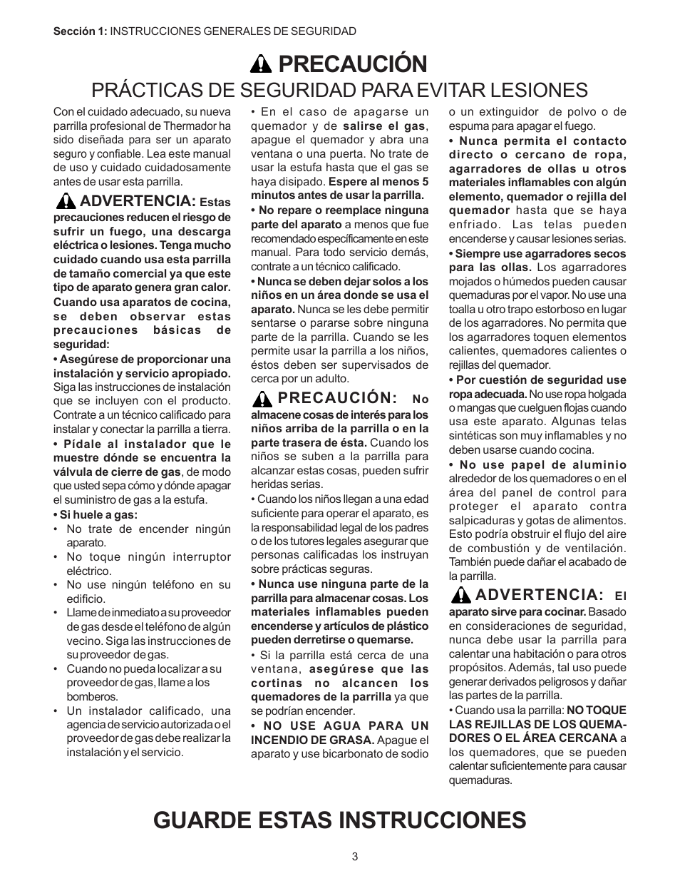 Precaución, Guarde estas instrucciones, Prácticas de seguridad para evitar lesiones | Thermador PC304 User Manual | Page 73 / 104