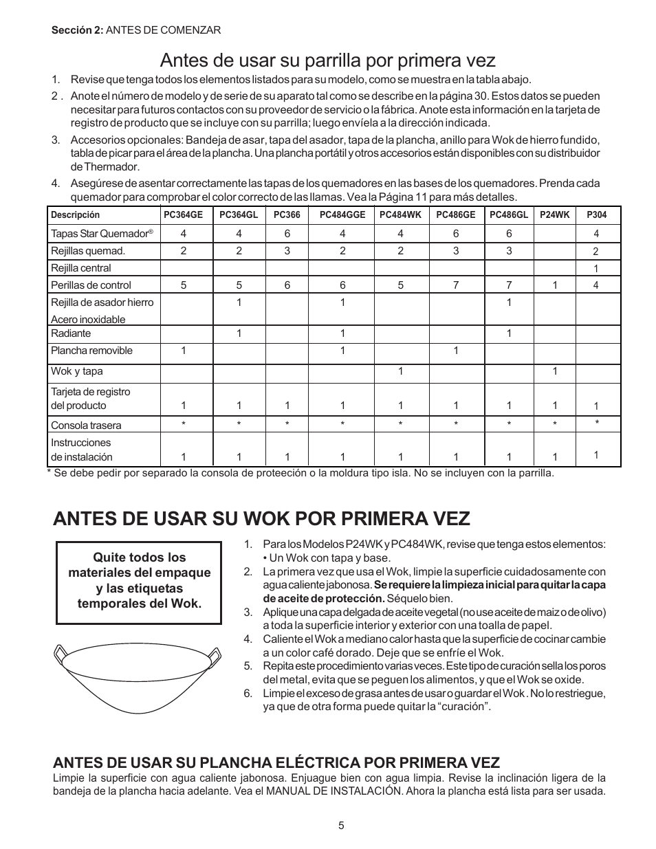 Antes de usar su parrilla por primera vez, Antes de usar su wok por primera vez, Antes de usar su plancha eléctrica por primera vez | Thermador PC304 User Manual | Page 75 / 104