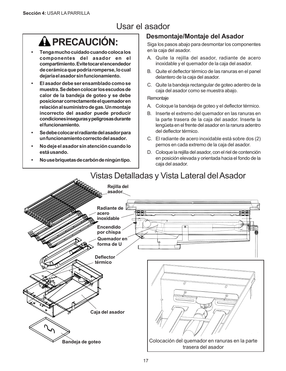 Precaución, Desmontaje/montaje del asador | Thermador PC304 User Manual | Page 87 / 104