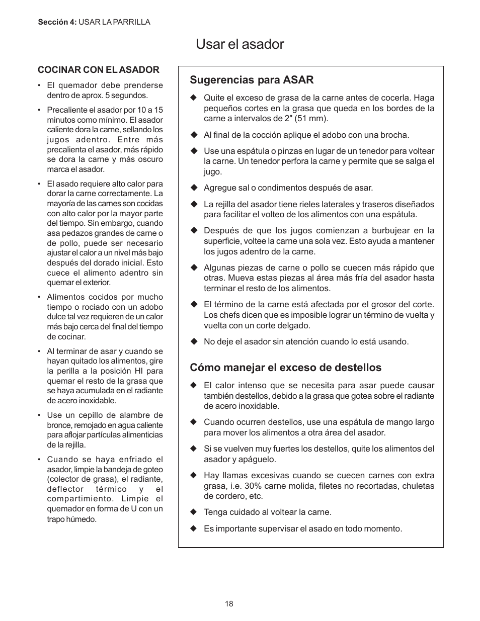 Usar el asador, Sugerencias para asar, Cómo manejar el exceso de destellos | Thermador PC304 User Manual | Page 88 / 104