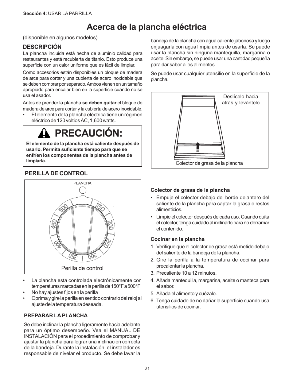 Precaución, Acerca de la plancha eléctrica | Thermador PC304 User Manual | Page 91 / 104