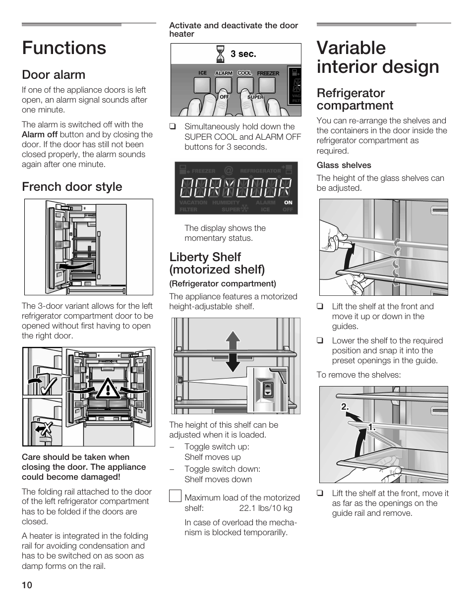 Functions, Variable interior design, Door alarm | French door style, Liberty shelf (motorized shelf), Refrigerator compartment | Thermador BOTTOM FREEZER 9000189698 User Manual | Page 10 / 88