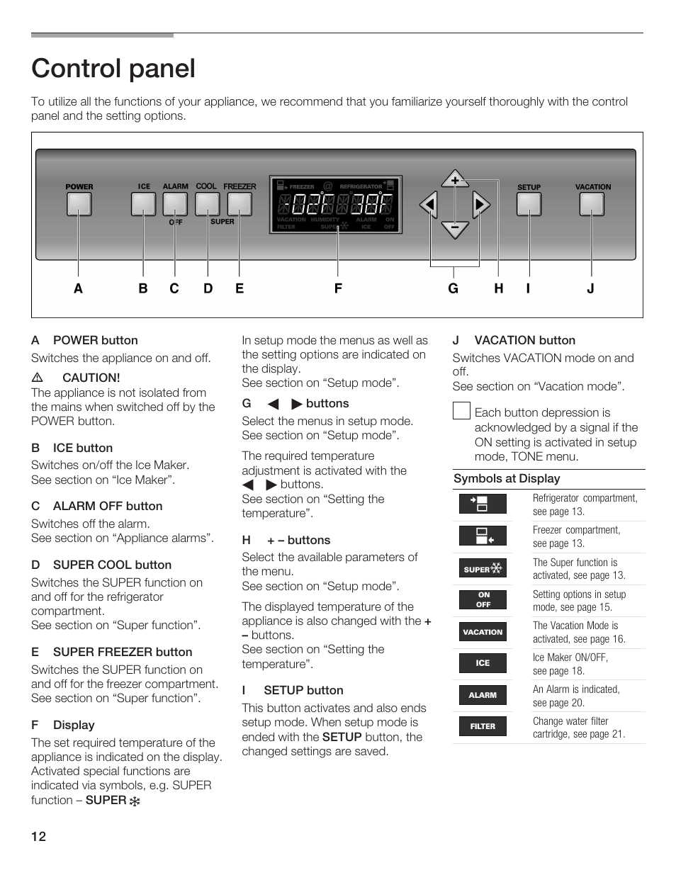 Control panel | Thermador BOTTOM FREEZER 9000189698 User Manual | Page 12 / 88